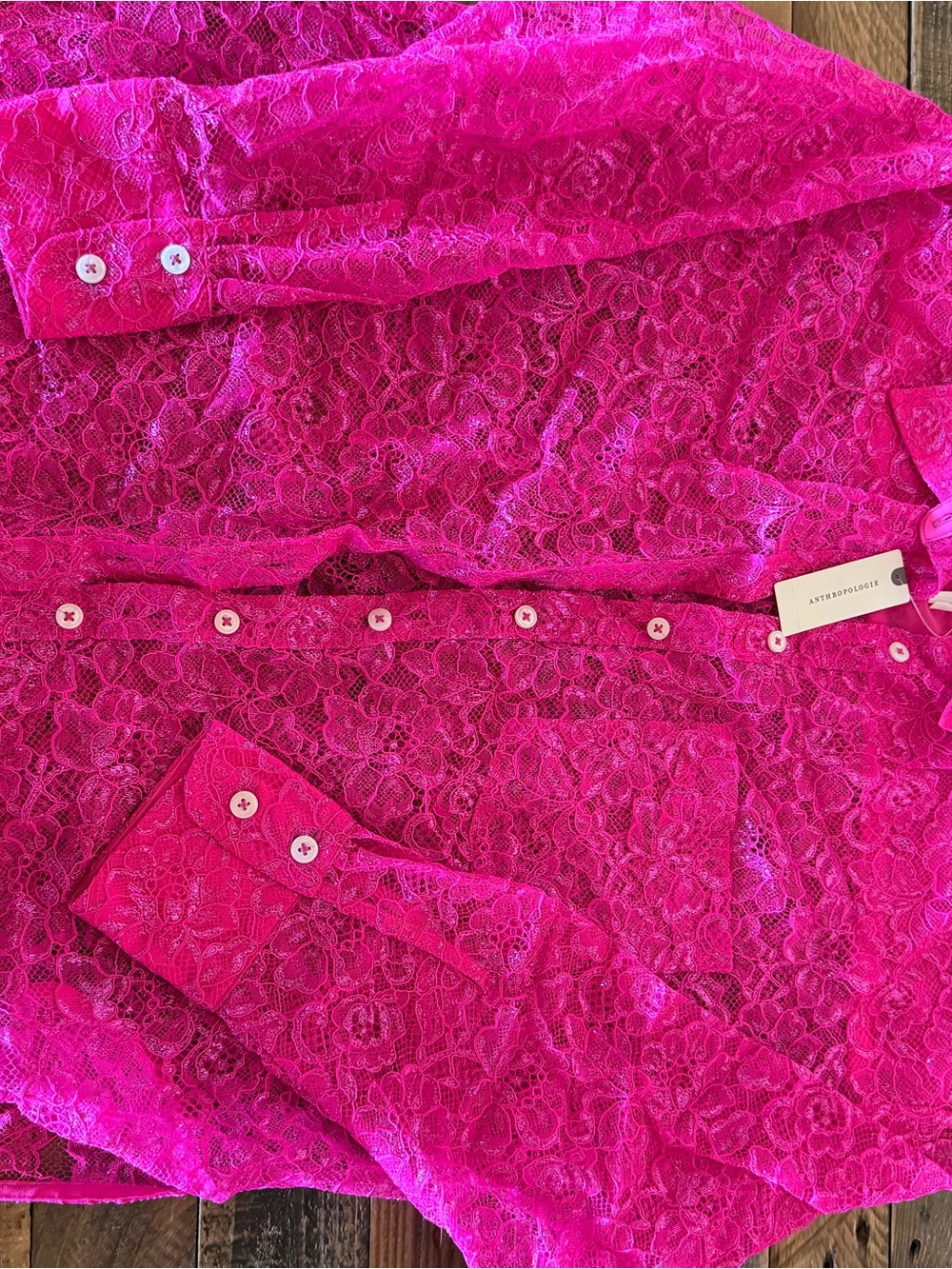 Anthropologie Hot Pink Lace Button-Down Blouse